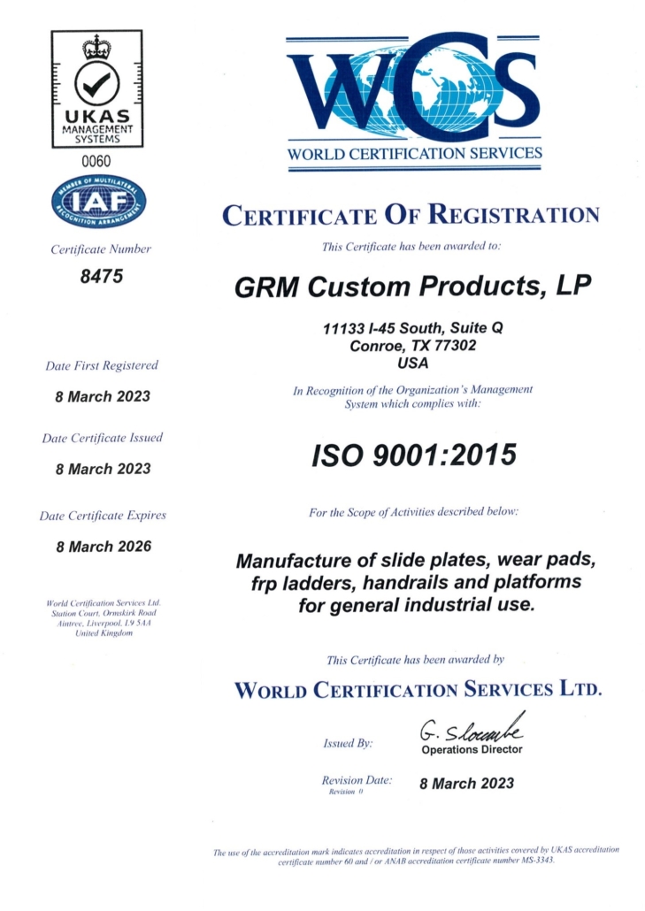 GRM Custom Products Certificate of Registration ISO 9001:2015