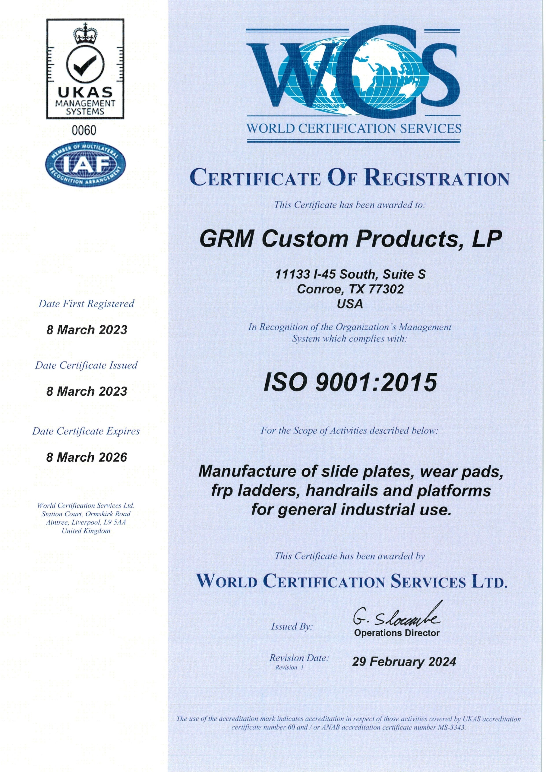 GRM Custom Products LP - Certificate of Registration 2024 R1 GRM-ISO-9001-Certified Mar 2026